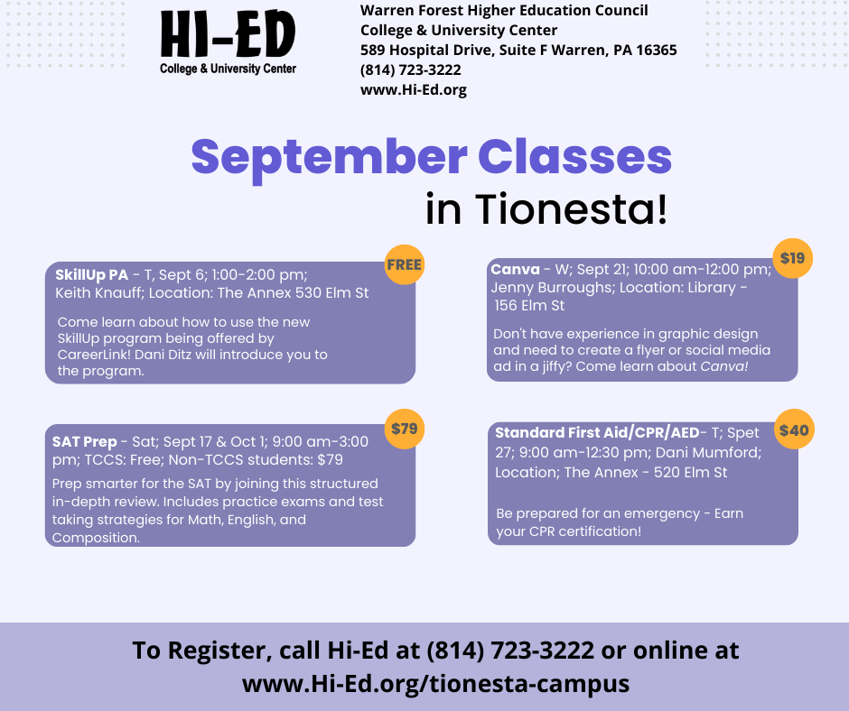 September 2022 Hi-Ed Classes in Tionesta